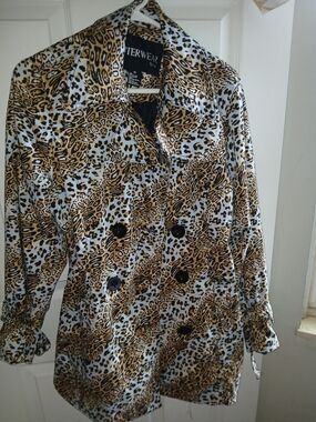 Outerwear by Lisa Leopard Print Double-Breasted Jacket in White and Brown